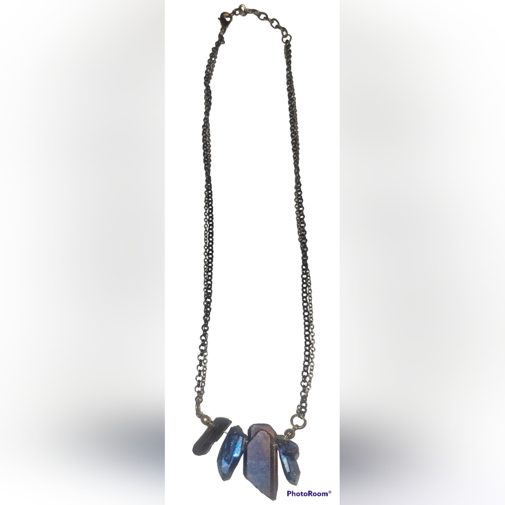 Four Raw Mystic Grey Quartz Crystal Pendant Necklace